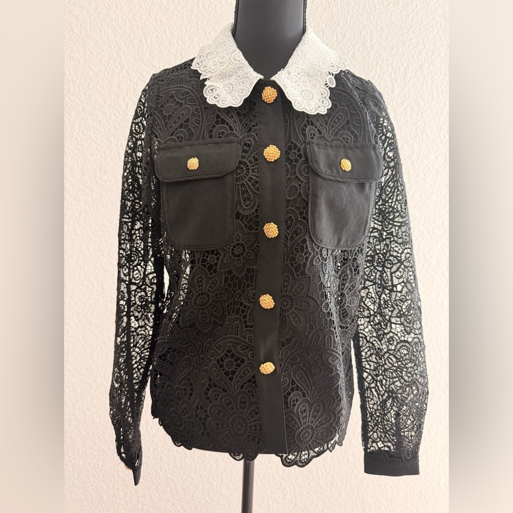 Self-Portrait Black Floral Guipure Lace Blouse | White Collar Gold Button Blouse